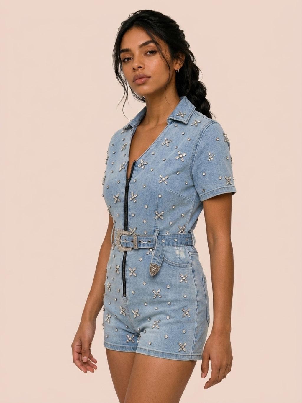 Lucky&Blessed Denim Rhinestone Romper