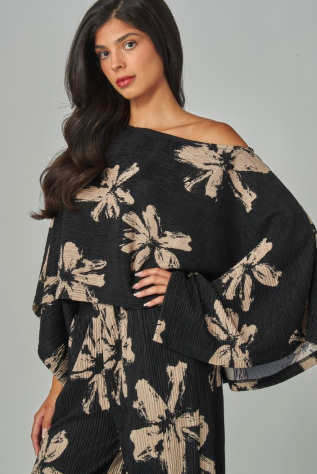 Midnight Bloom Plissé Two-Piece Pant Set