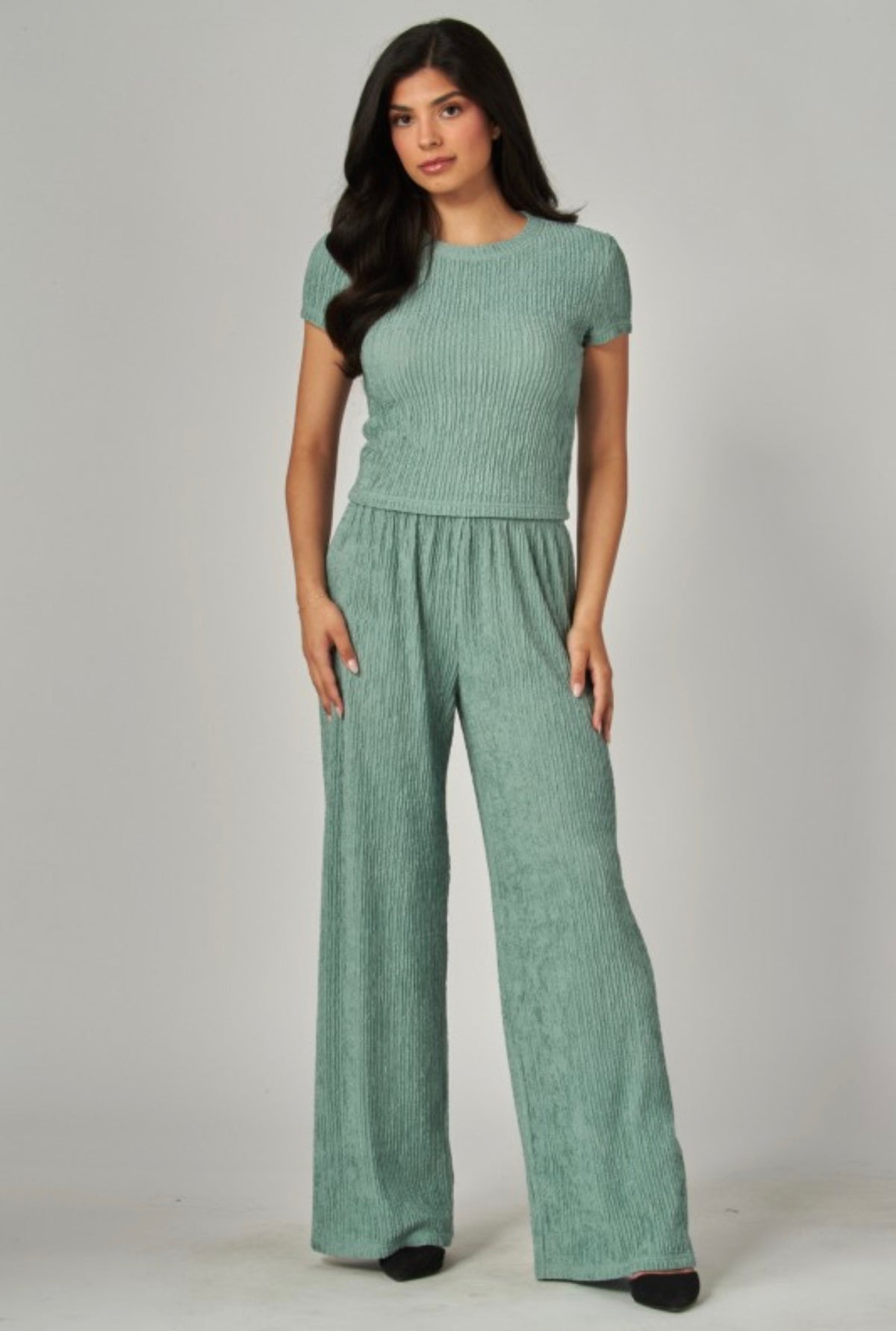 Sage Plissé Two-Piece Pant Set