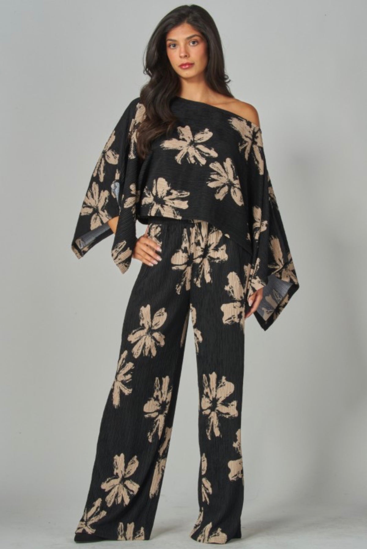 Midnight Bloom Plissé Two-Piece Pant Set