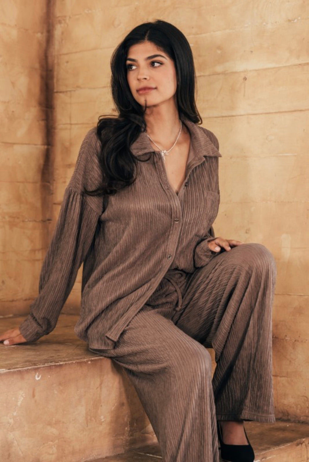 Crinkle Plisse Button Down Set- Coco