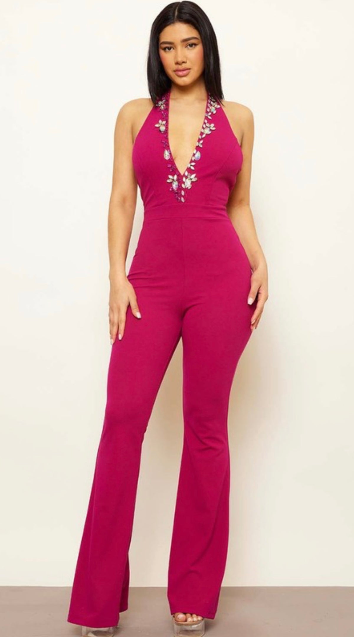 Magenta Rhinestone Halter Junpsuit