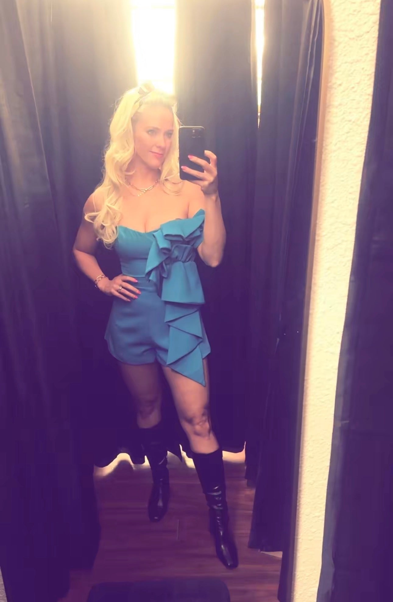 Teal Strapless Ruffle Romper