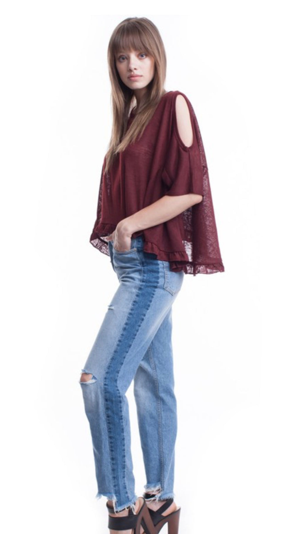 Cold Shoulder Burgundy Ruffle Blouse