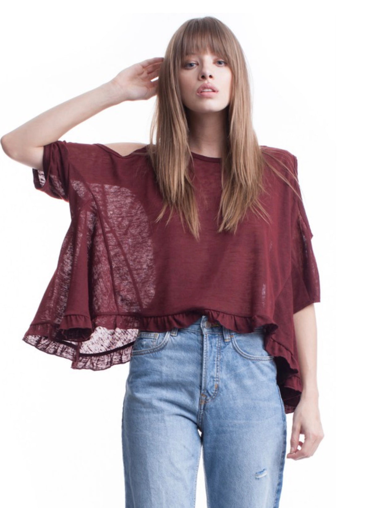 Cold Shoulder Burgundy Ruffle Blouse