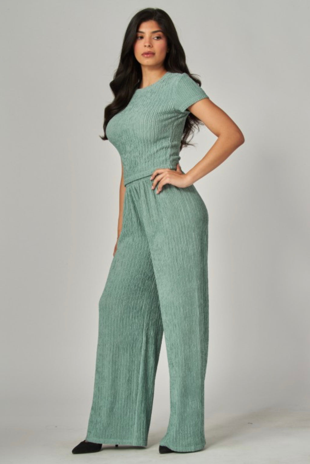 Sage Plissé Two-Piece Pant Set