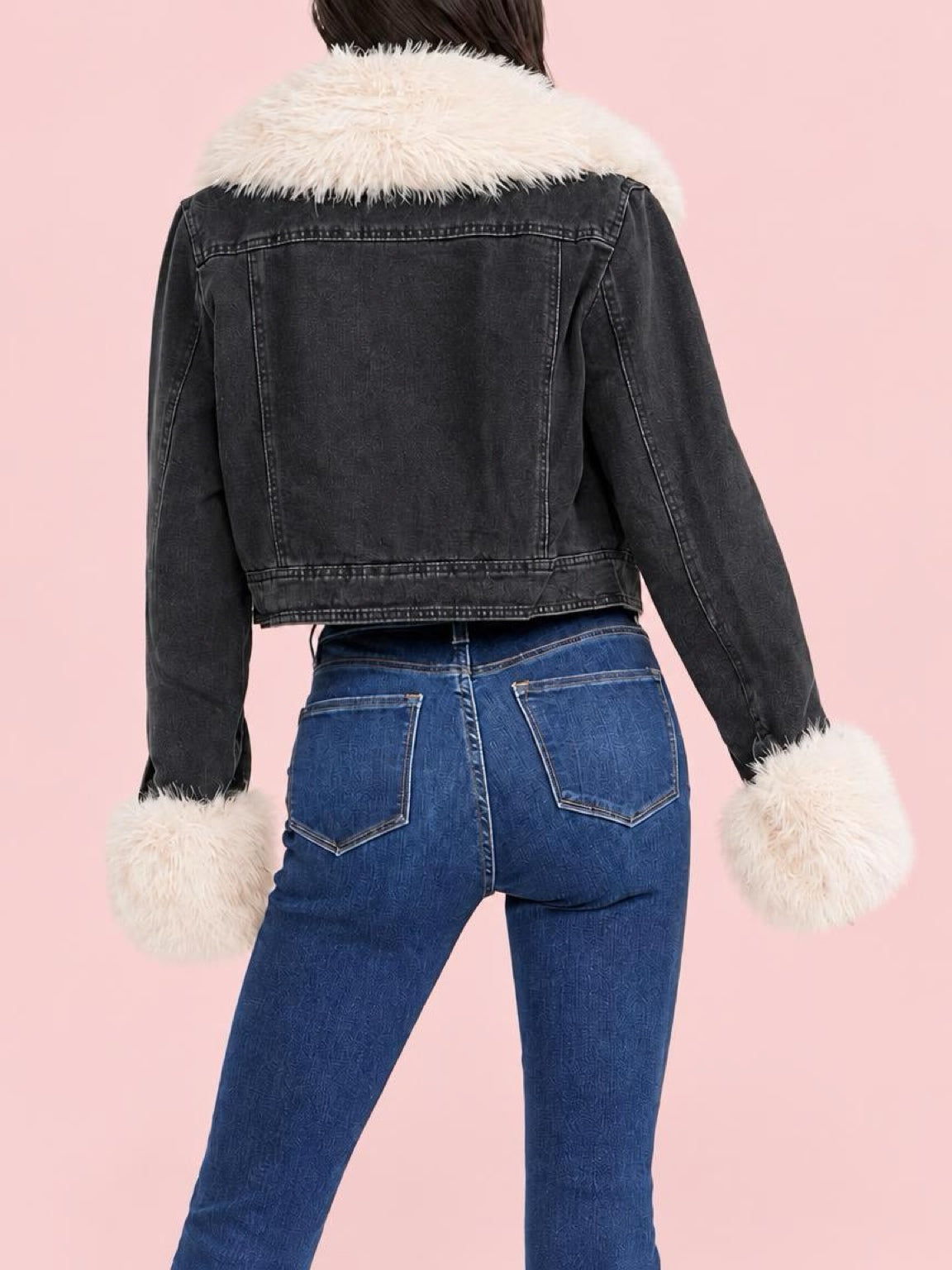 Midnight Glam Fur-Trim Denim Jacket