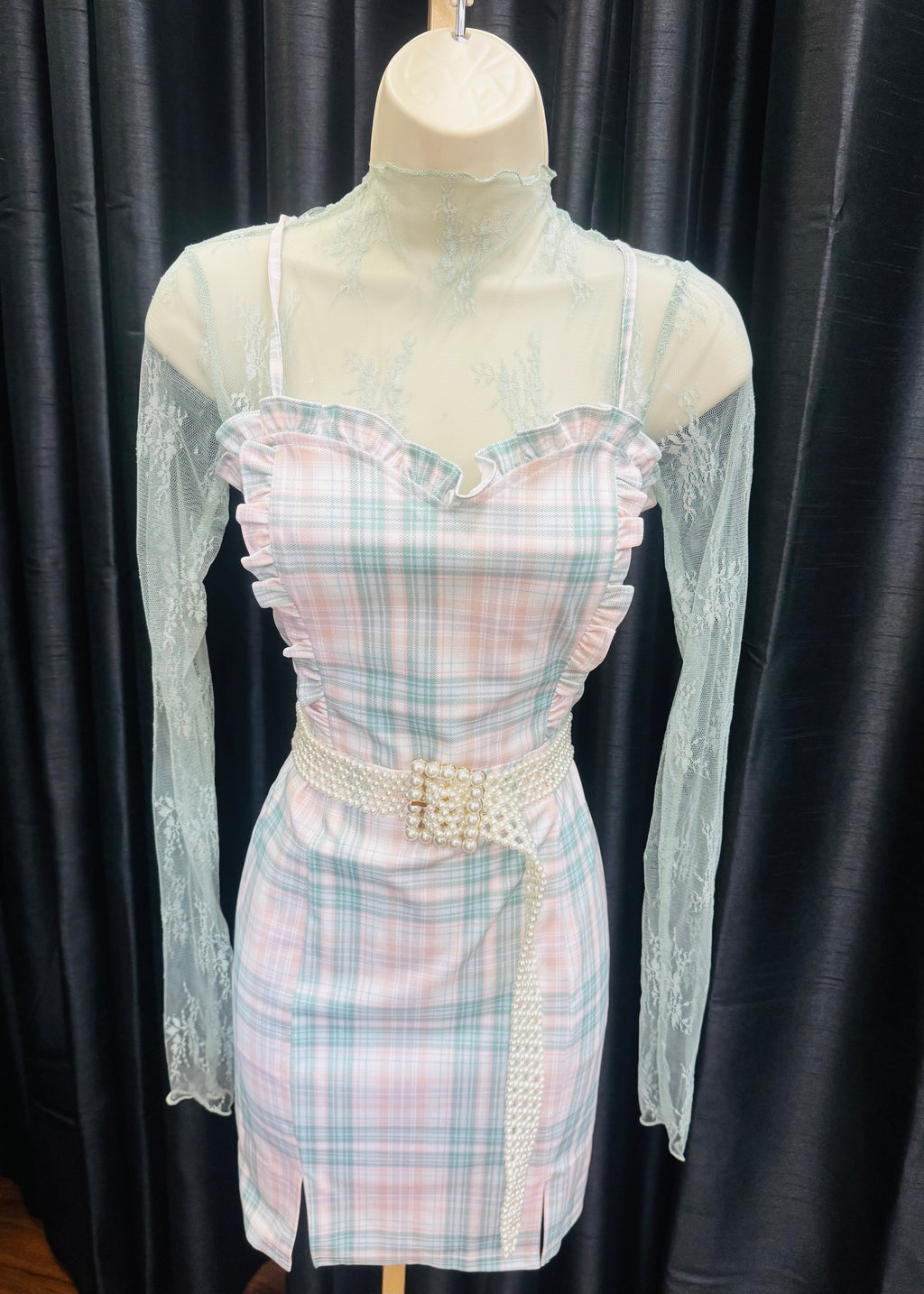 Sage Plaid Ruffle Mini Dress